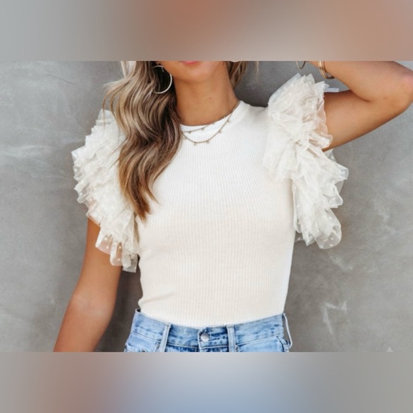 Halo & Harley Tops - Elegant White Ruffle Sleeve Top